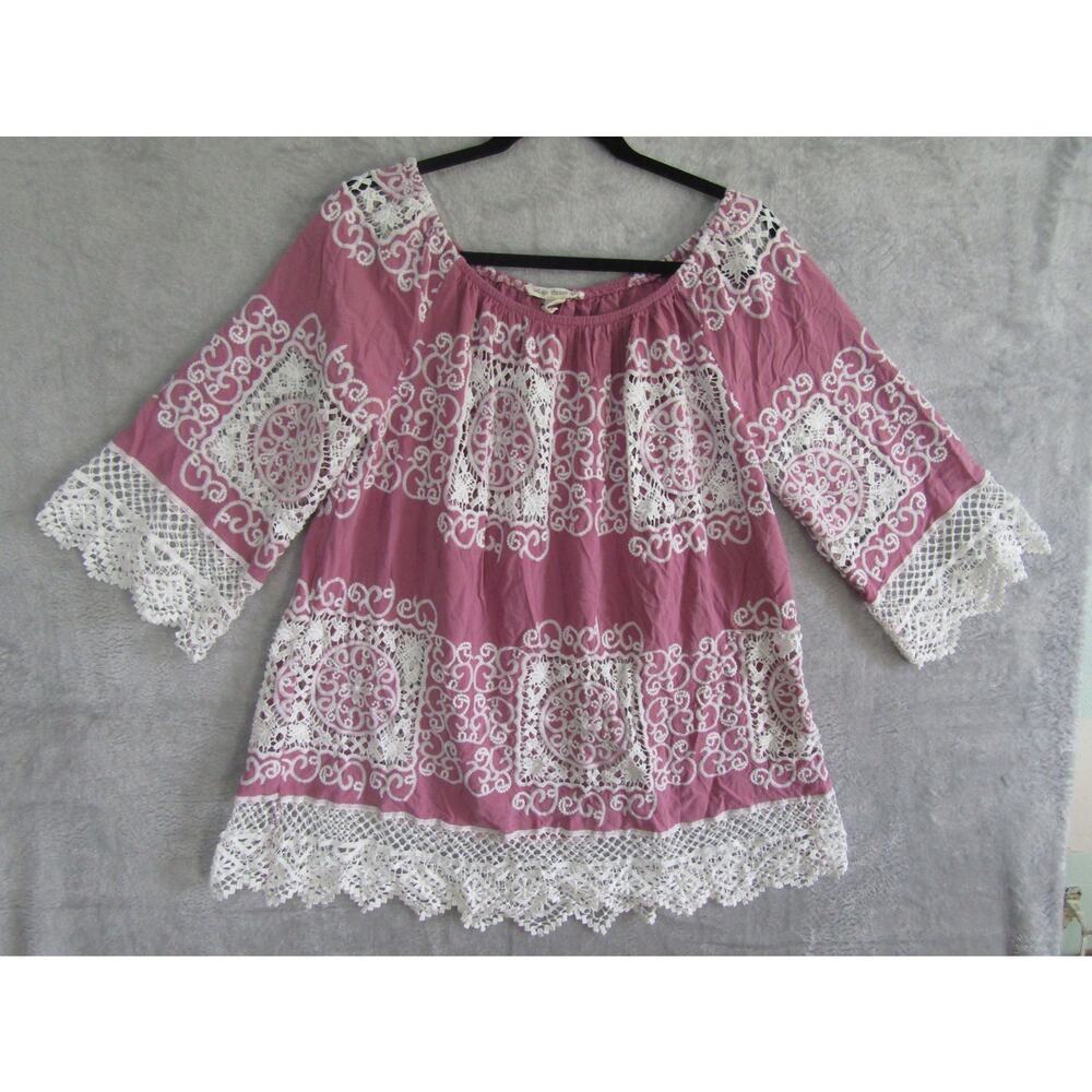 Indigo Thread Co Women's Boho Crochet Lace Peasant Top Pink White Embroidered Co